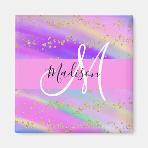 Íman Unicórnio Colorido Arco-Íris Dourado Glitter Monog