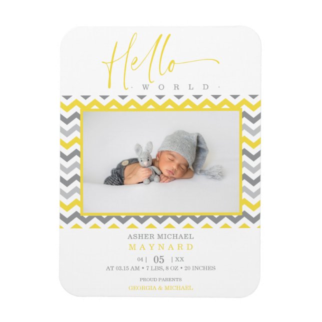 Íman Unisex Yellow Cinza Zigzag Hello World Newborn (Vertical)