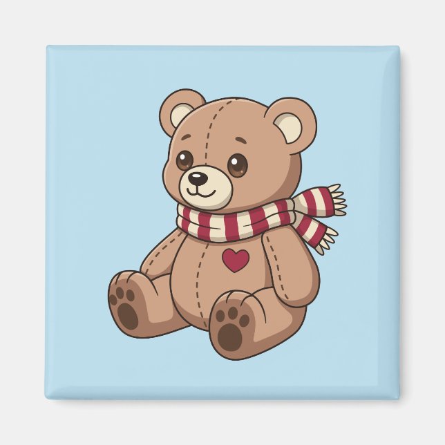 Íman Ursa de pelúcia fofa com cachecol listrado azul (Frente)