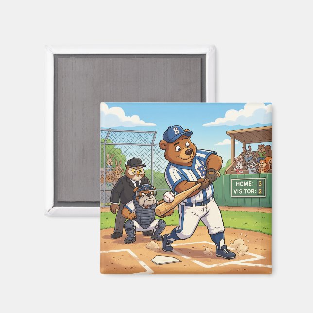 Íman Urso de Desenho Animado Jogando Beisebol (Front/Back)