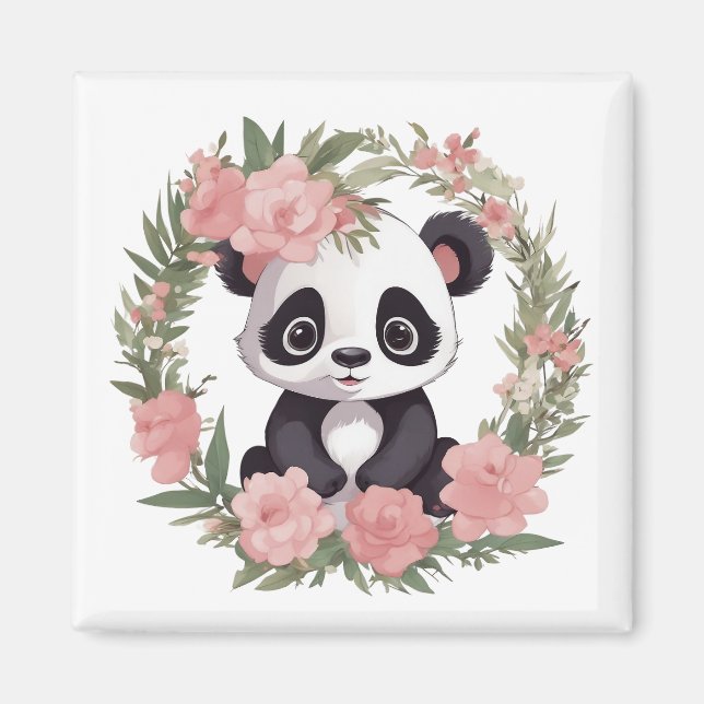 Íman Urso de Panda Adorável com Flores (Frente)