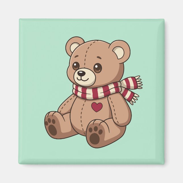 Íman Urso de Pelúcia Fofo com Cachecol Listrado Verde (Frente)