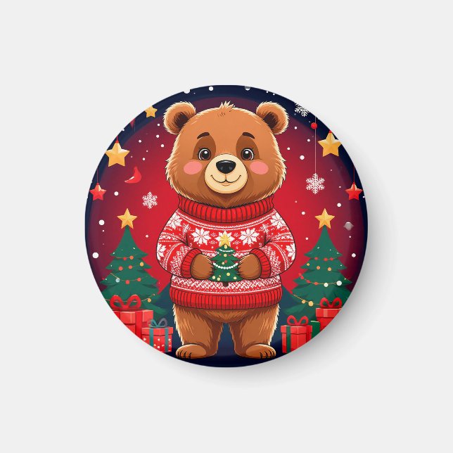Íman Urso Fofo de Suéter de Natal (Frente)