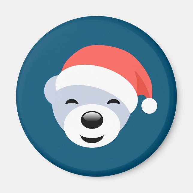 Íman Urso Polar de Natal em Chapéu Vermelho em Azul (Frente)