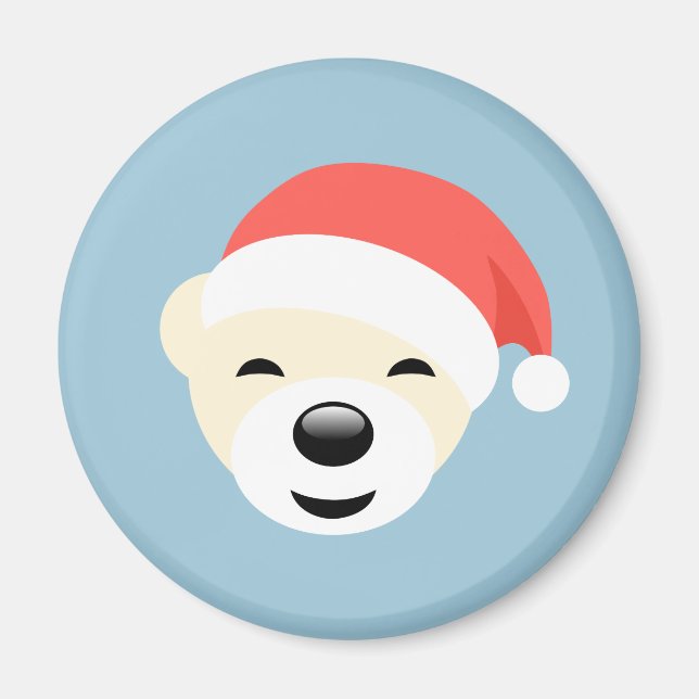 Íman Urso Polar de Natal em Chapéu Vermelho em Azul Cla (Frente)