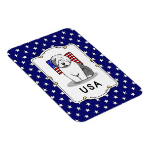 Íman US American Flag Old English Sheepdog (Cinza 1)