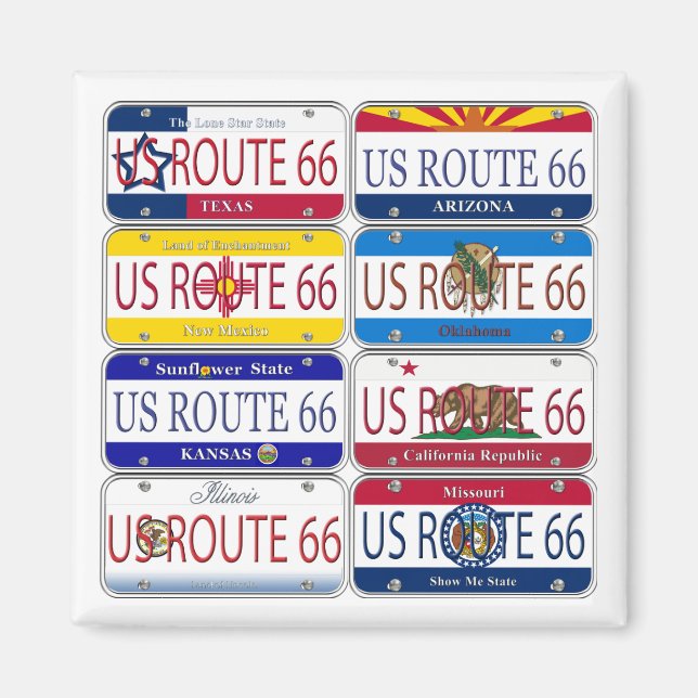 Íman US ROUTE 66 Todos os 8 Estados Vanity Plates (Frente)