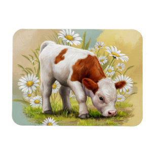 Íman Vaca Bela em um campo das Flores do Daisies