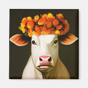 Íman Vaca Branca com Retrato de Coroa Floral de Outono