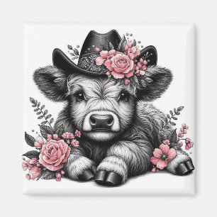 Íman Vaca das Terras Altas com Chapéu e Decoração Flora