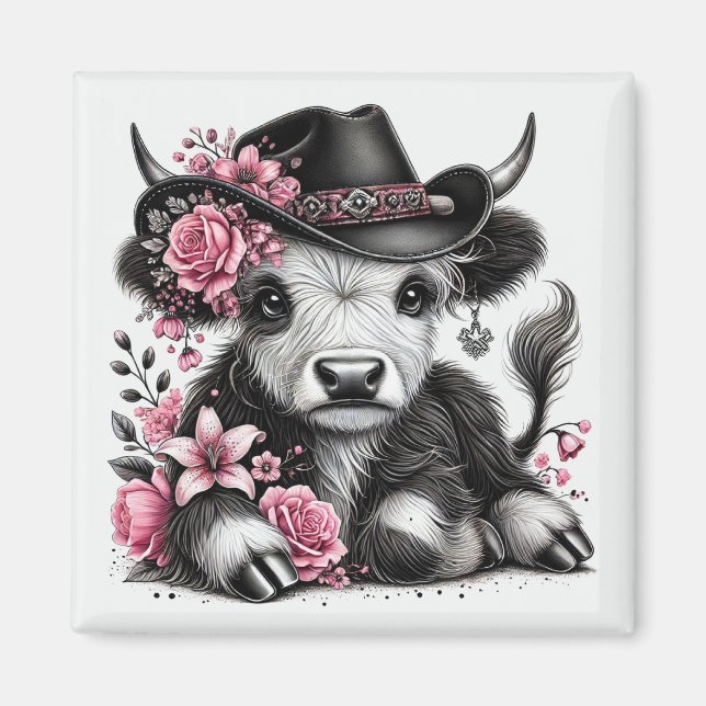 Íman Vaca das Terras Altas Com Chapéu Floral (Frente)