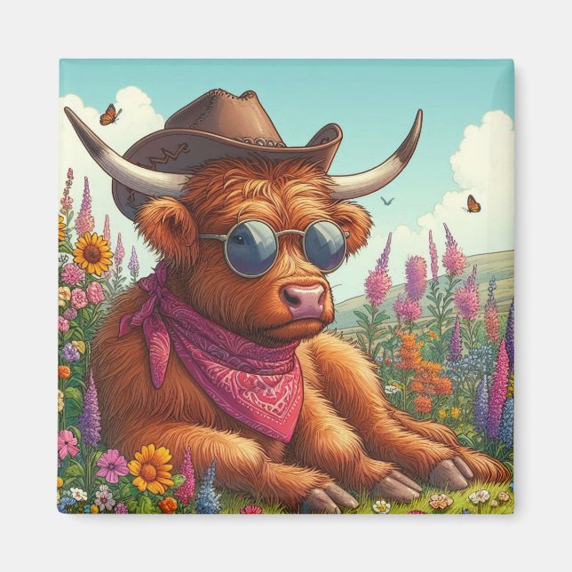 Íman Vaca das Terras Altas usando óculos de sol e chapé (Frente)