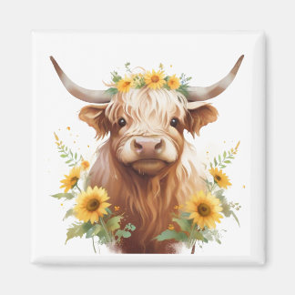 Íman Vaca Highland com Flor Amarelo de Girassol