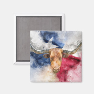 Íman Vaca Longhorn com Texas Flag Map Watercolor