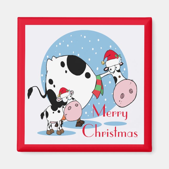 Íman Vacas De Natal De Campo Com Chapéus De Papai Noel (Frente)