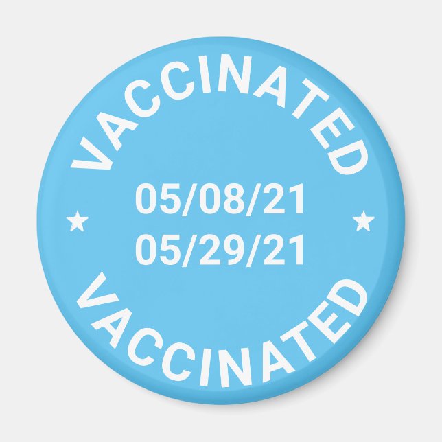 Íman Vacinado com datas personalizadas e texto azul cla (Frente)