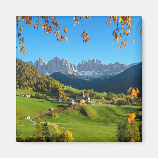 Íman Vale de Val di Funes com ímã de folhas de outono (Frente)