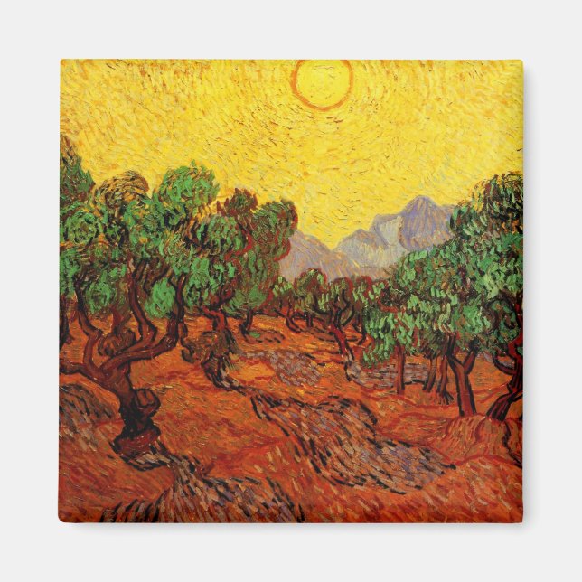Íman Van Gogh Olive Trees com Céu Amarelo e Sol (Frente)