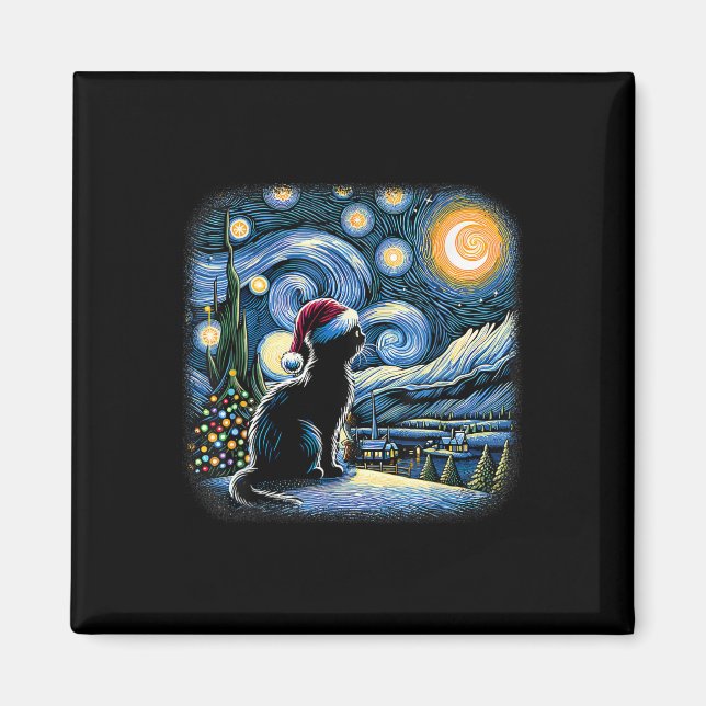 Íman Van Gogh Starry Night Cat Funny Black Christma (Frente)