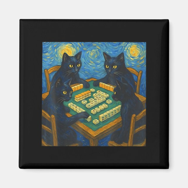 Íman Van gogh starry night cat playing mahjong chinese (Frente)