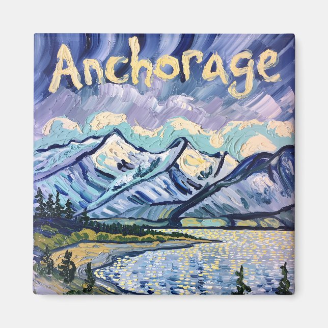 Íman Van Gogh Style Anchorage Alaska Landscape Painting (Frente)