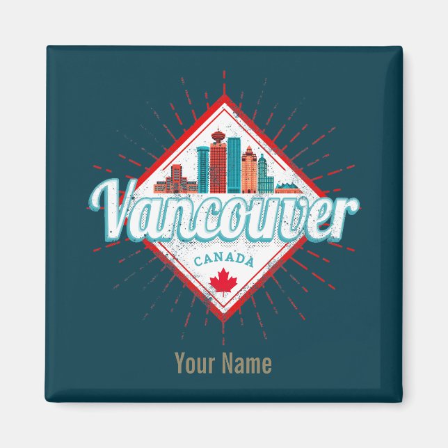 Íman Vancouver Skyline British Columbia Retro Canadá (Frente)