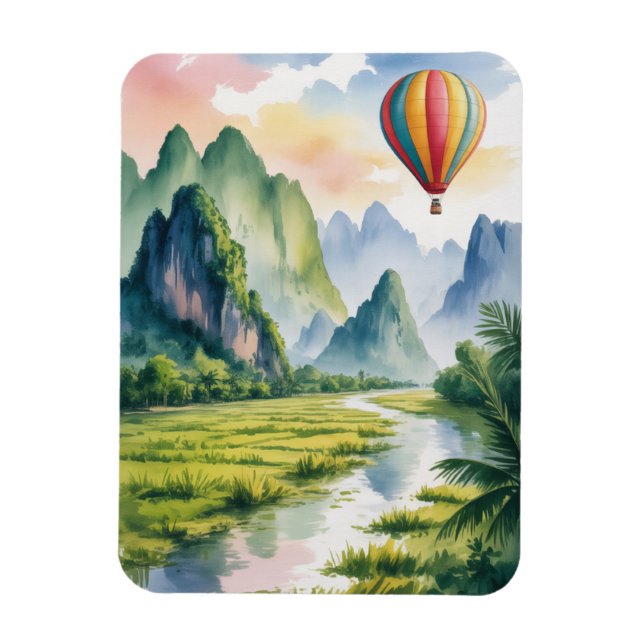 Íman  Vang Vieng Laos Hot air Balloon watercolor (Vertical)