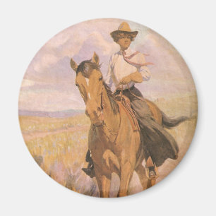 Íman Vaqueiro da vaqueira do vintage, mulher no cavalo