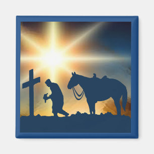 Íman Vaqueiro Praying com o cavalo na cruz