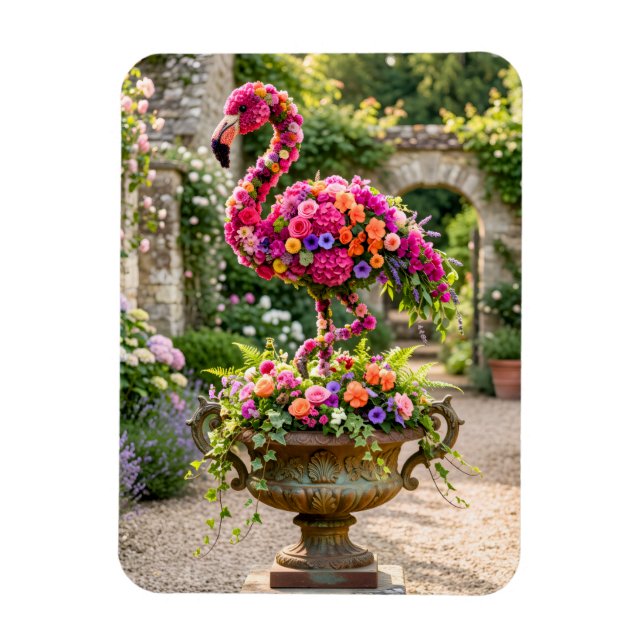 Íman Vaso de Topiaria de Flamingo e Flores Tropicais (Vertical)