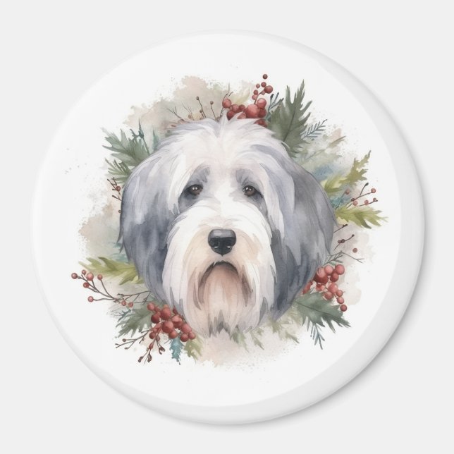 Íman Velha Inglês Sheepdog Christmas Wreath Festivo Pup (Frente)