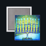Íman Verde Azul Chanucá Menorah Brilhante da Paz<br><div class="desc">"Paz, brilho." Uma fotografia de perto de uma menorah brilhante, colorida, azul e verde artística ajuda-o a lançar no feriado de Hanukkah no estilo. Sinta o calor e a alegria da temporada de férias sempre que você usa este brilhante e colorido ímã Chanucá. Cartões de correspondência, postagens, adesivos, travesseiros, utensílios...</div>