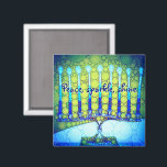 Íman Verde Azul Chanucá Menorah Brilhante da Paz<br><div class="desc">"Paz, brilho." Uma fotografia de perto de uma menorah brilhante, colorida, azul e verde artística ajuda-o a lançar no feriado de Hanukkah no estilo. Sinta o calor e a alegria da temporada de férias sempre que você usa este brilhante e colorido ímã Chanucá. Cartões de correspondência, postagens, adesivos, travesseiros, utensílios...</div>