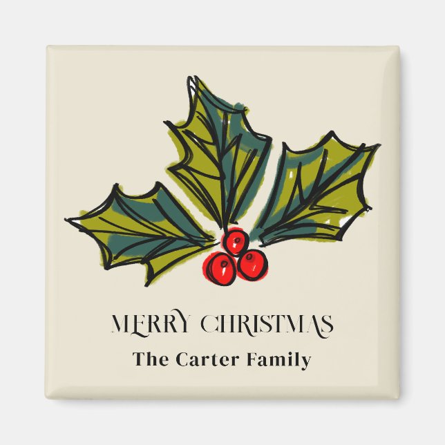 Íman Verde e Red Watercolor Holly Berry (Frente)