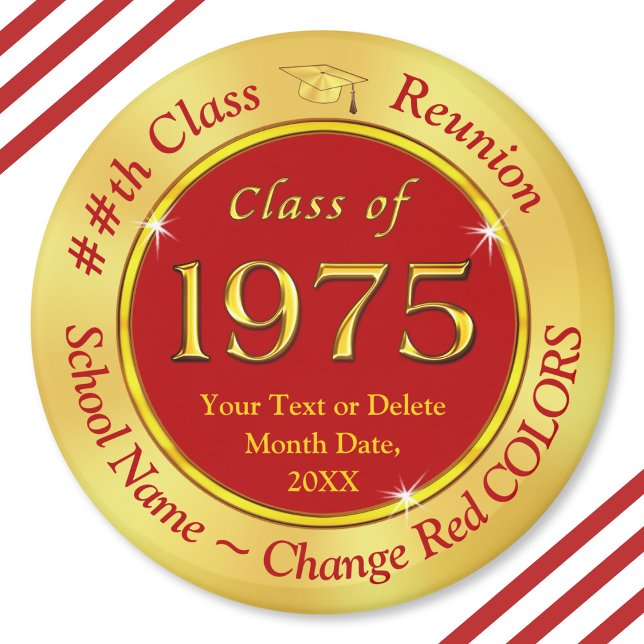 Íman Vermelho e Dourado, Classe 75, Classe Favoritos de (Cheap, class of 197 reunion gifts.  50th high school souvenirs. Red Gold, Class of 75 reunion. 1975)
