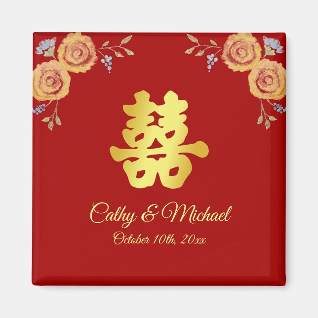 Íman Vermelho laranja floral casamento chinês dupla fel (Frente)