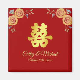 Íman Vermelho laranja floral Chinês dupla felicidade