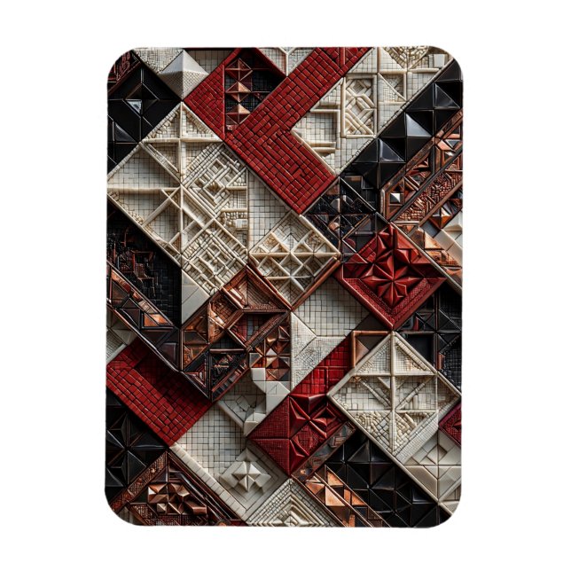 Íman Vermelho Preto Marfim Micro Mosaico 3D Geométrico (Vertical)