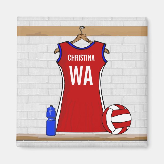 Íman Vermelho Uniforme Netball Personalizado com Azul e (Frente)