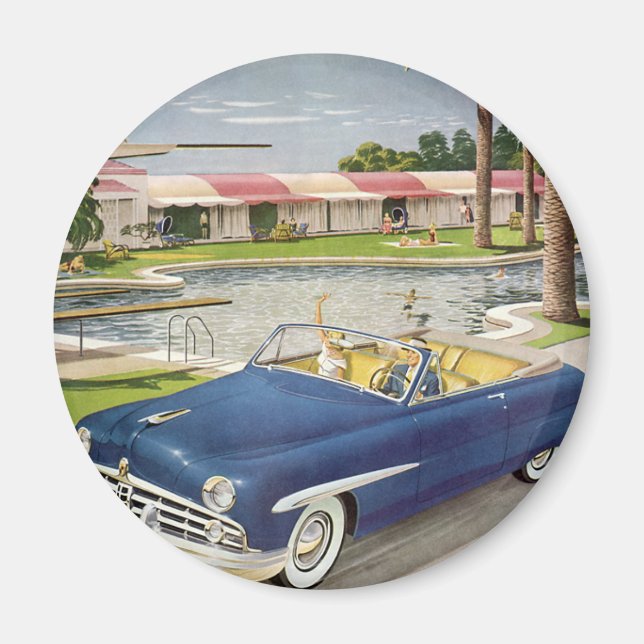 Íman Viagem de verão antiga, carro conversível e motel (Frente)