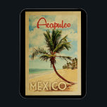 Íman Viagens vintage de Árvore Palm Acapulco<br><div class="desc">Um impressão de arte moderno do século médio, no estilo poster viagens vintage, do Acapulco México. Ele apresenta uma palmeira curva na praia arenosa com oceano sob um céu azul nublado.</div>