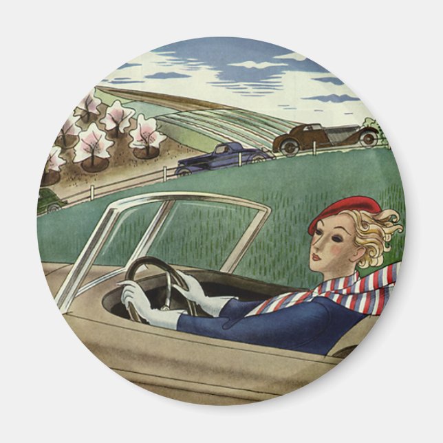 Íman Viagens vintage, Mulher Elegante no Carro Convertí (Frente)