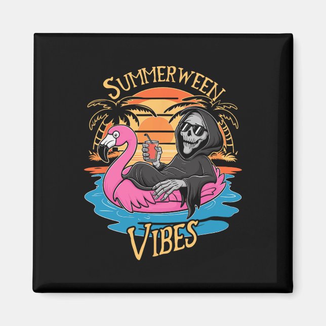 Íman Vibes Skeleton Flamingo Spooky Verão de Halloween (Frente)