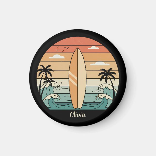 Íman Vibrações de Surf Retrô - Prancha de Surf e Ondas (Frente)