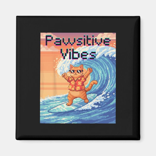 Íman Vibrações Pawsitivas Gato Surfando - Onda de Pixel (Frente)
