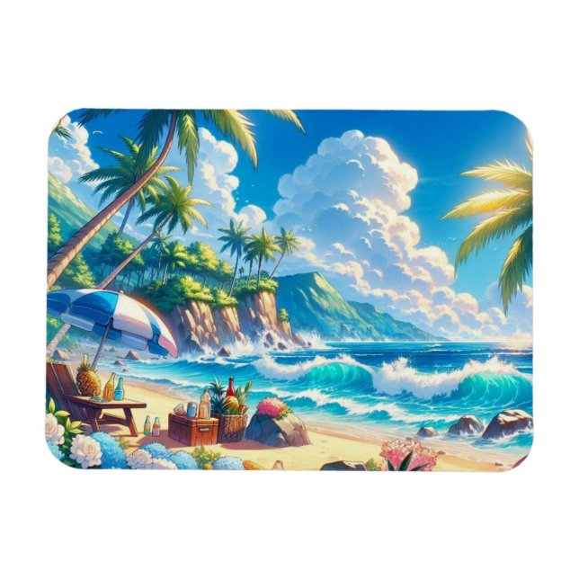 Íman Vibrant Tropical Island Beach Watercolor (Horizontal)