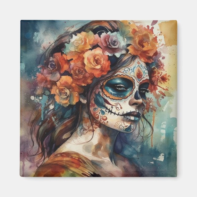 Íman Vibrant Watercolor Dia de los Muertos Catrina (Frente)