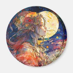 Íman Vibrante Aquarela de Rapariga e Lua