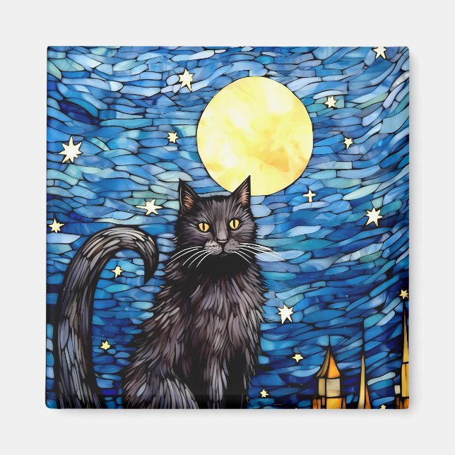 Íman Vidro Negra Gato Negra Estrelado Noite Estrelada (Frente)
