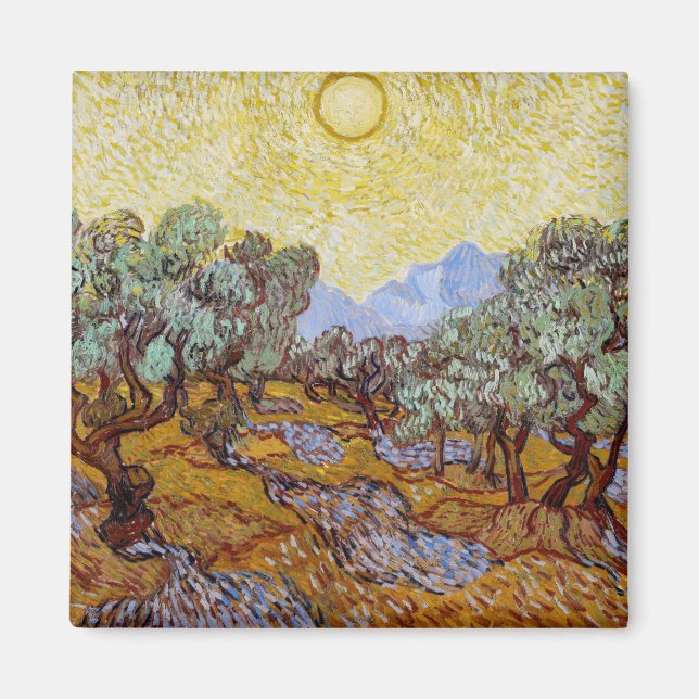 Íman Vincent van Gogh - Oliveiras, céu amarelo e sol (Frente)